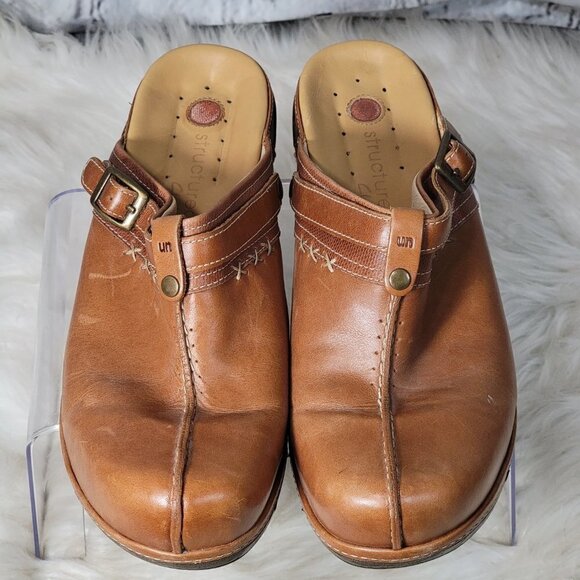 CLARKS Unstructured Womens 10 Tan Leather Slip On Comfort Clogs Mules Boho Comfy - Picture 7 of 13